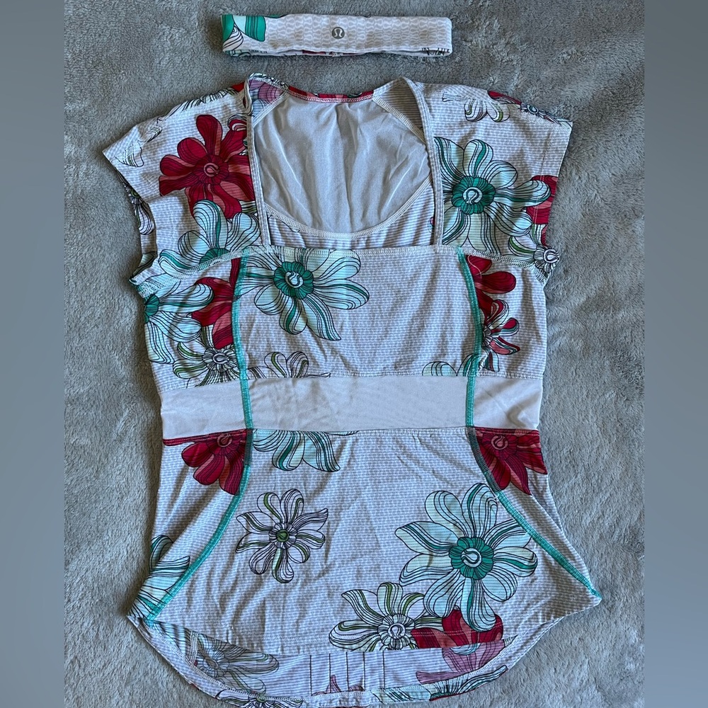 Lululemon Floral Short Sleeve Tee and Headband size 6
